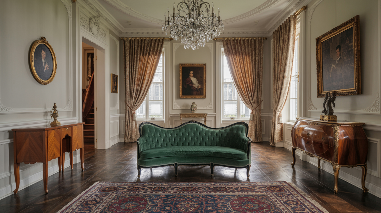  A cozy room featuring a green couch and an elegant chandelier hanging from the ceiling.