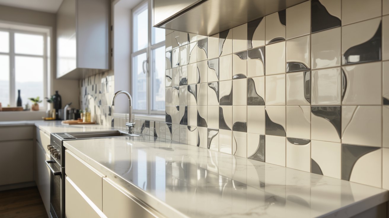A modern kitchen featuring a white counter and a stylish black and white tiled floor.