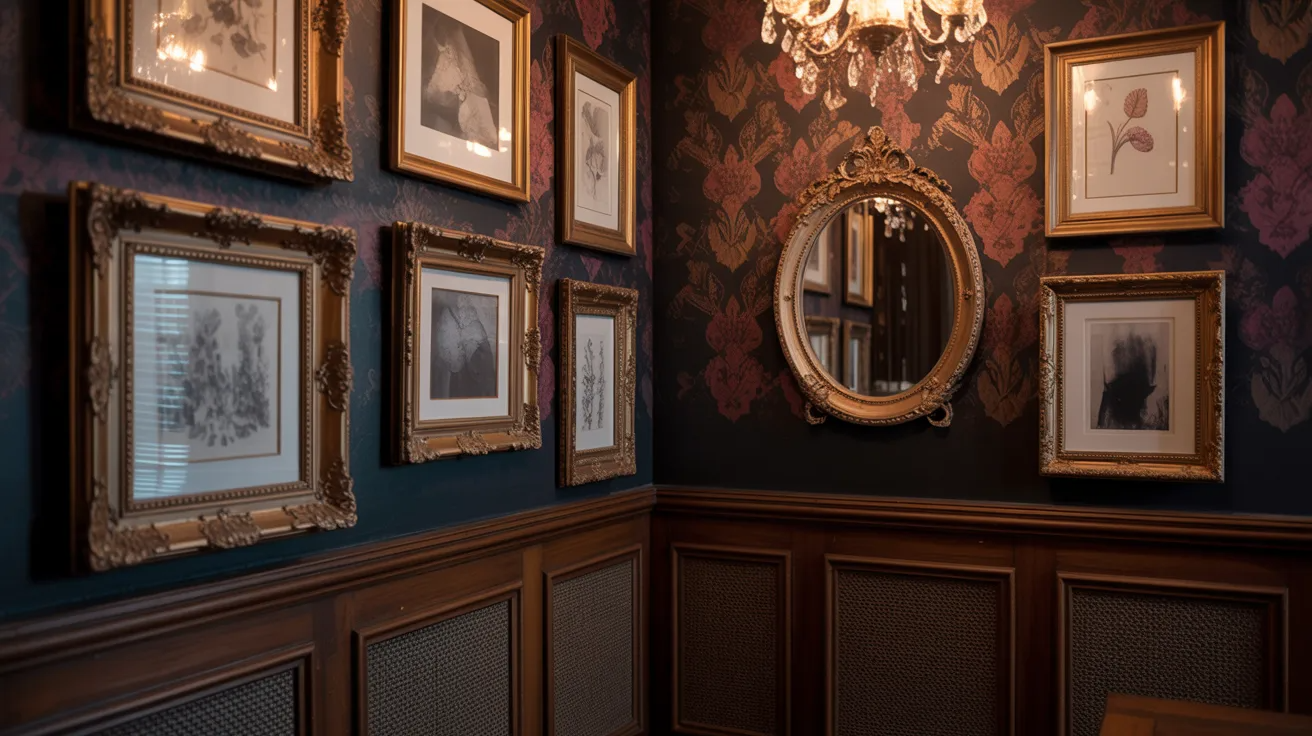 A room featuring framed pictures on the walls and a large mirror reflecting the space.