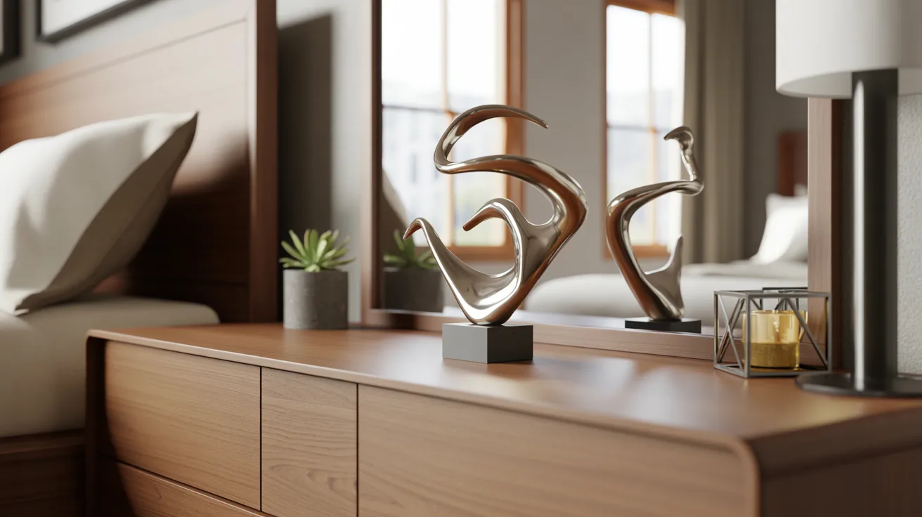 A neatly arranged bedroom with a bed, a nightstand beside it, and a mirror enhancing the space's brightness.