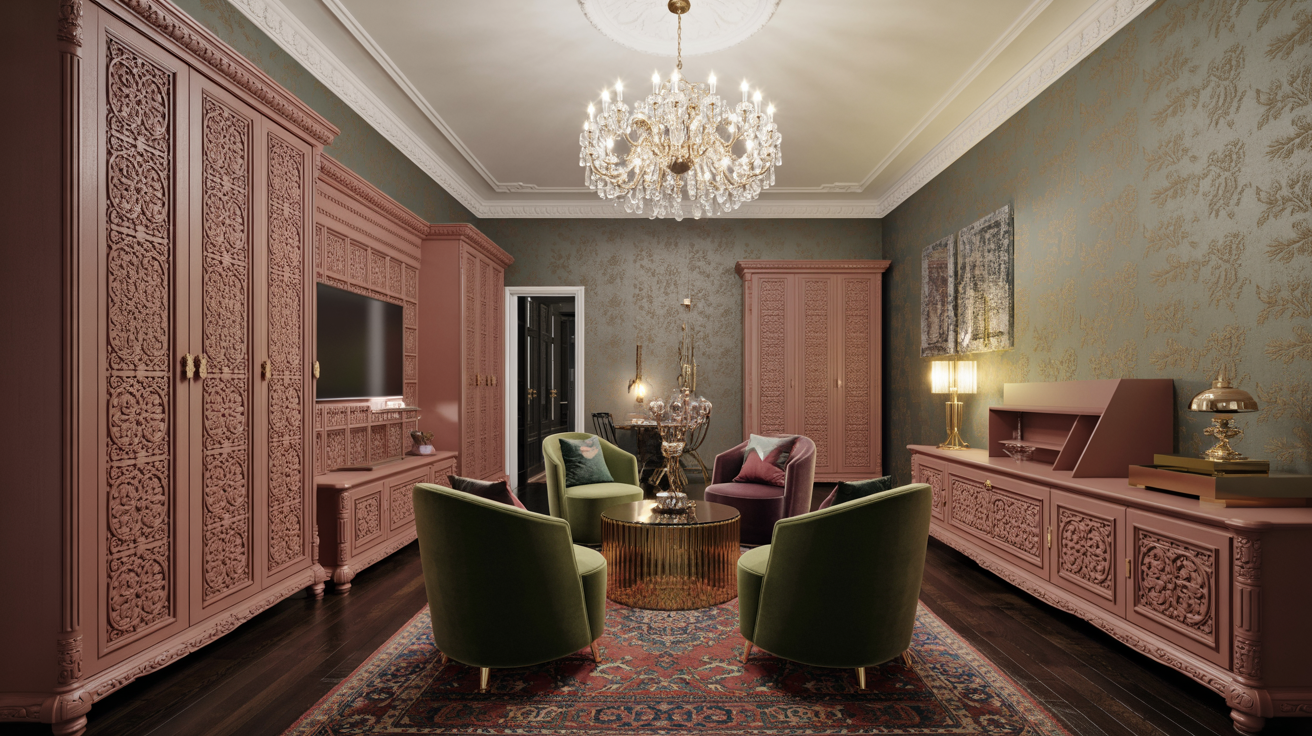 A cozy living room featuring a chandelier, elegant chairs, and a decorative rug on the floor.
