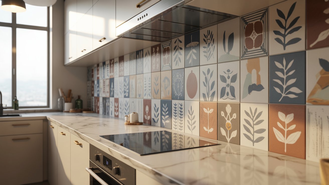 A kitchen featuring vibrant, colorful tiles adorning the walls, creating a lively and inviting atmosphere.