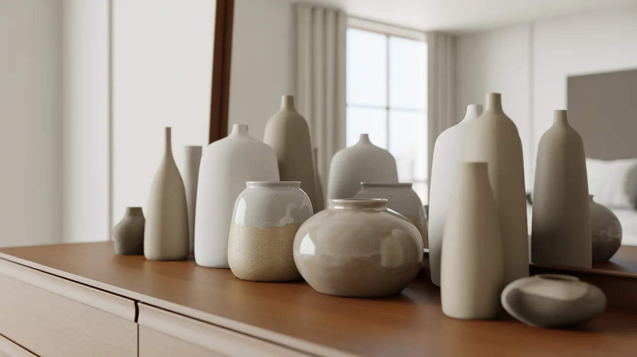 A table displaying multiple vases of various shapes and sizes, arranged artistically.