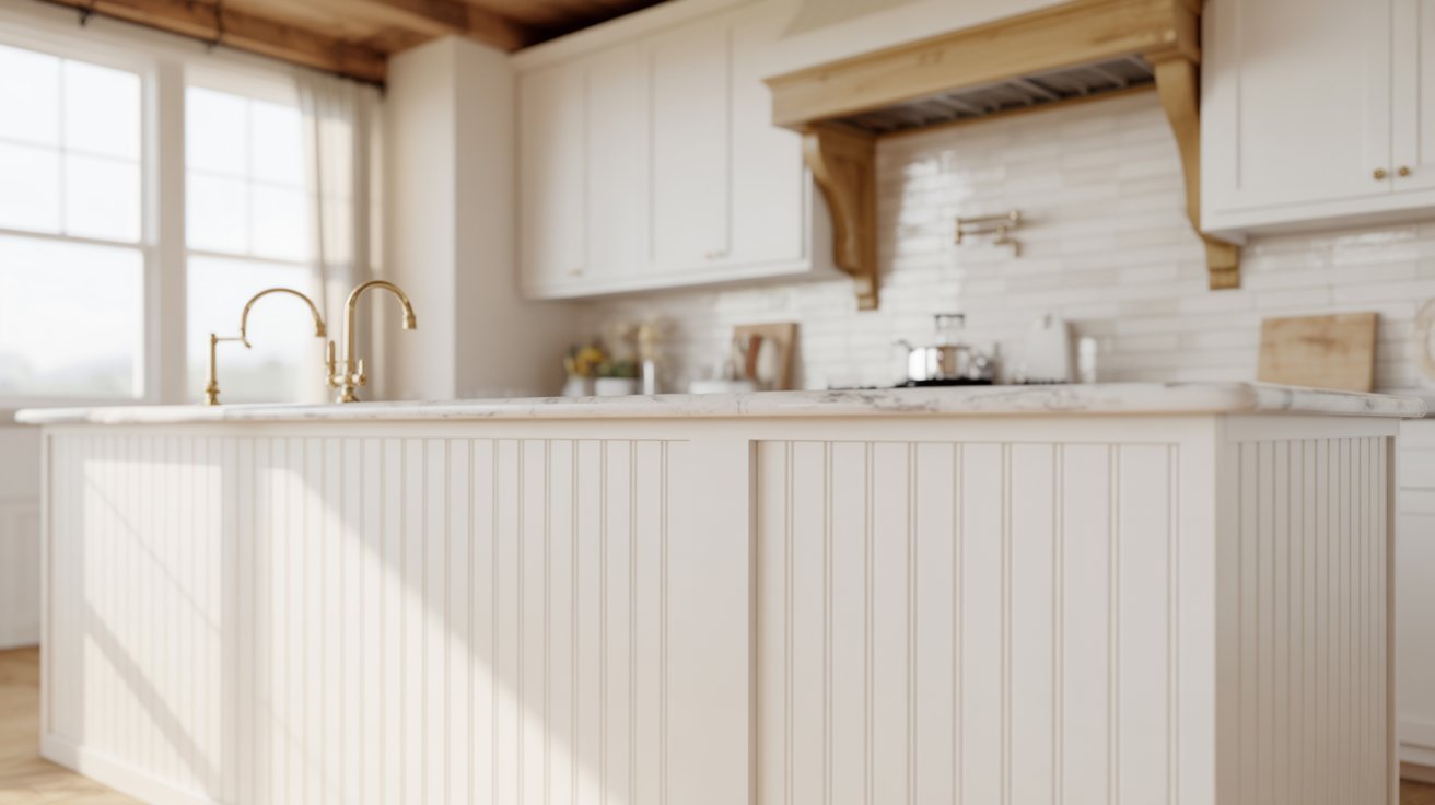  A modern kitchen featuring white cabinets and exposed wooden beams on the ceiling.