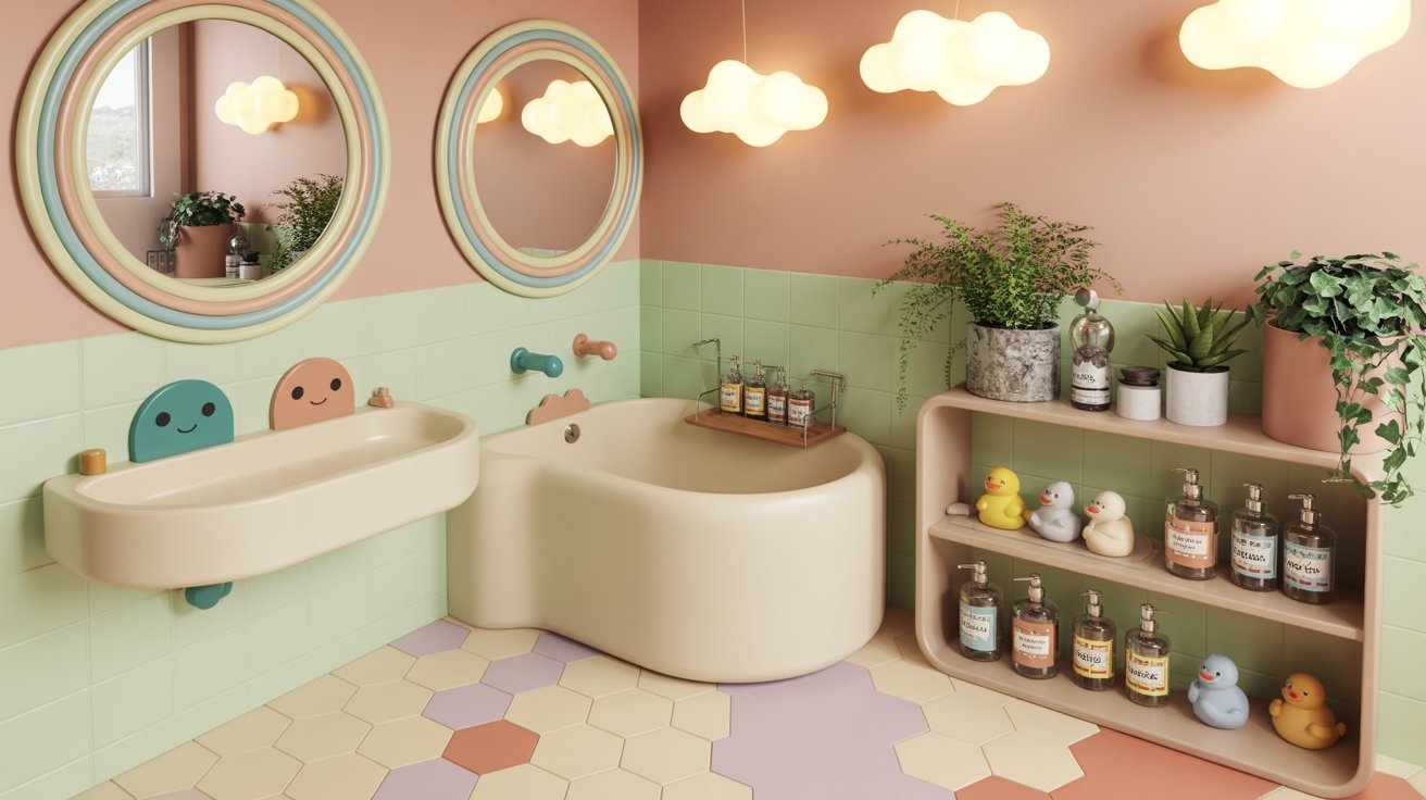  A bathroom featuring a pink and green color scheme, with coordinated decor and fixtures enhancing the vibrant atmosphere.
