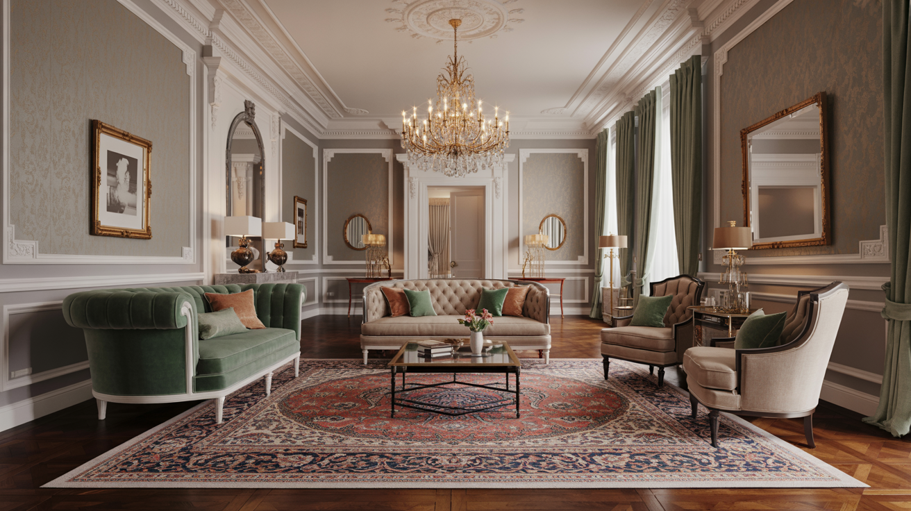  A stylish living room featuring an elegant chandelier and a decorative rug on the floor.