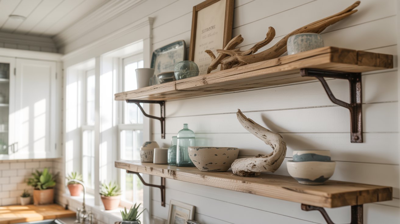  A kitchen featuring wooden shelves and a sink, showcasing a warm and inviting atmosphere.
