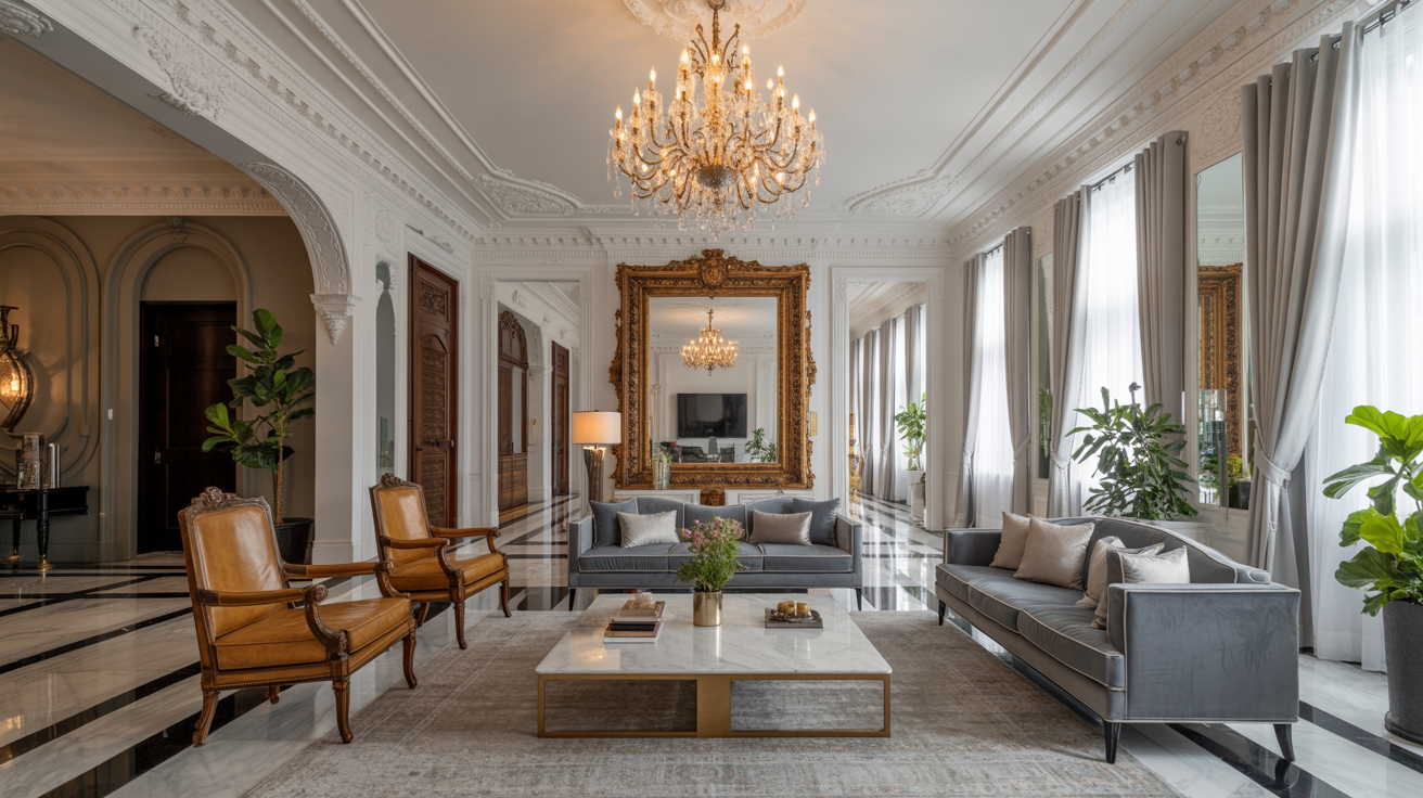An elegant living room showcasing a chandelier above a polished marble floor.