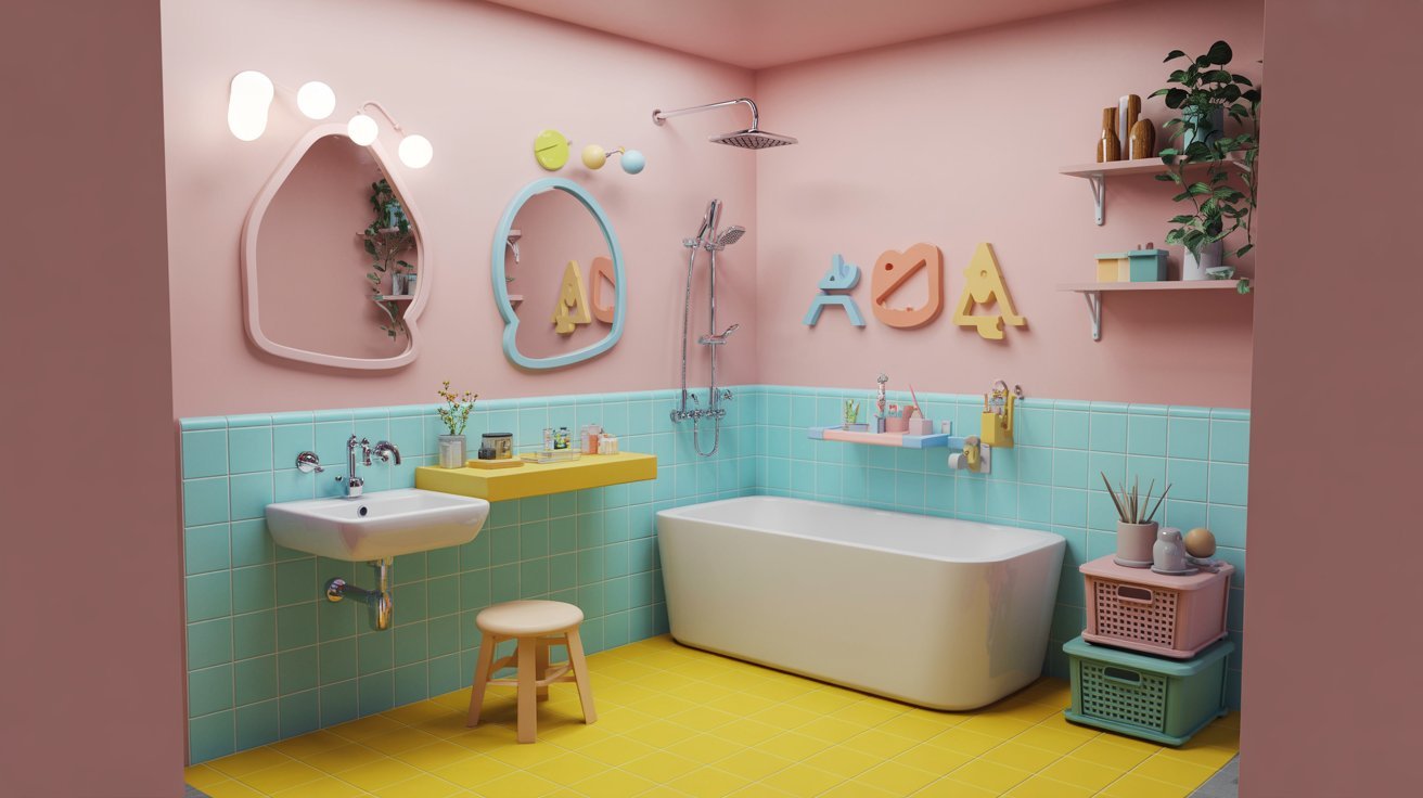 A pink bathroom featuring yellow tiles and a yellow sink, creating a vibrant and cheerful atmosphere.