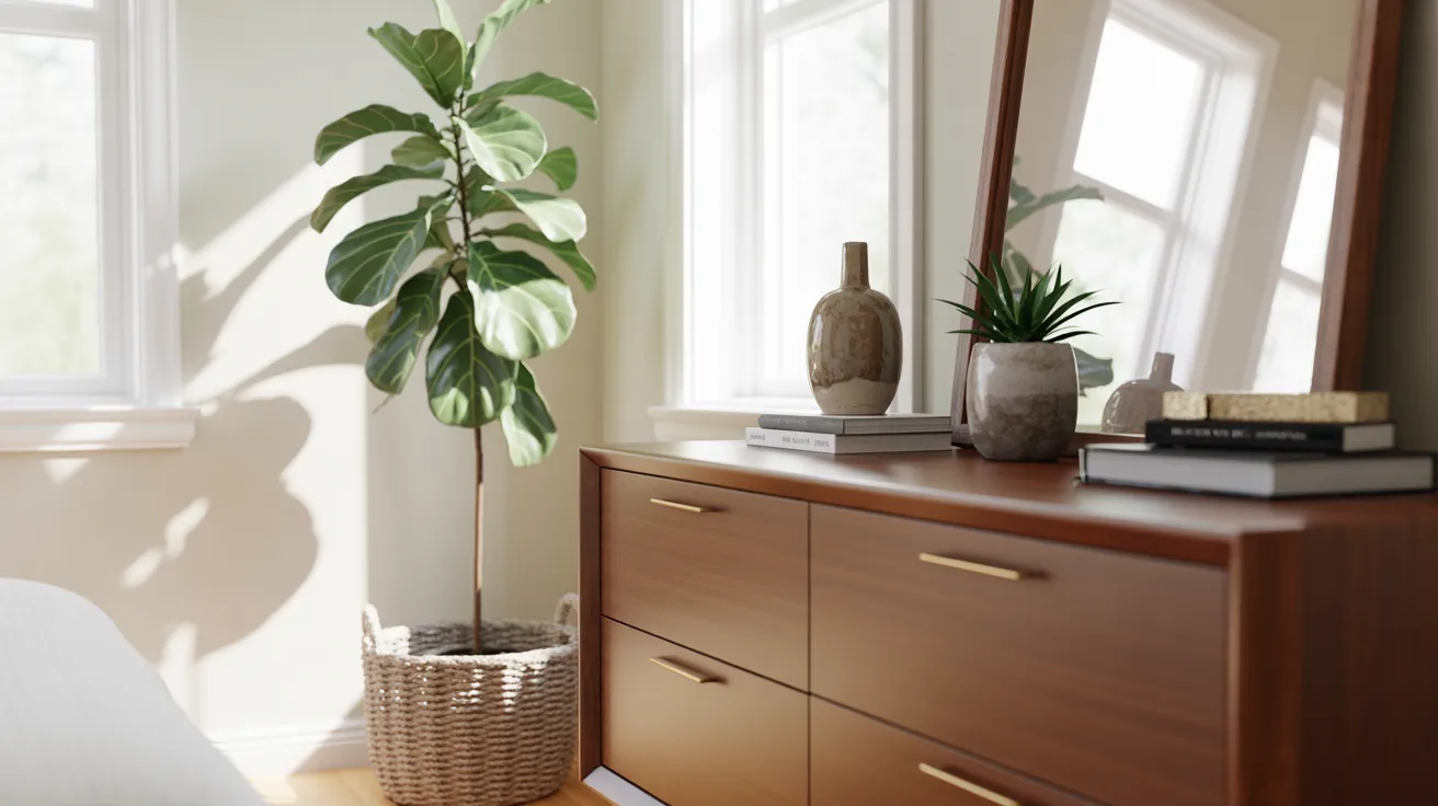 A stylish bedroom showcasing a bed, a dresser, and a mirror, designed for comfort and relaxation.