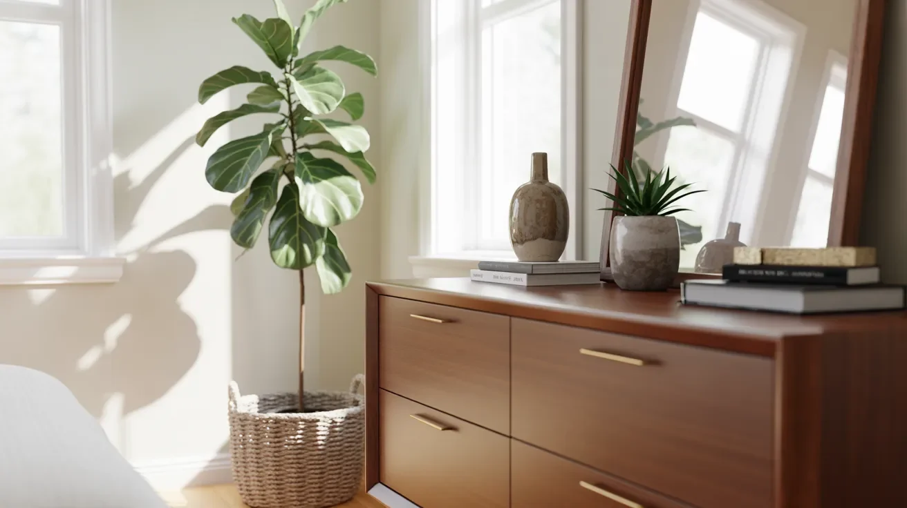 A stylish bedroom showcasing a bed, a dresser, and a mirror, designed for comfort and relaxation.