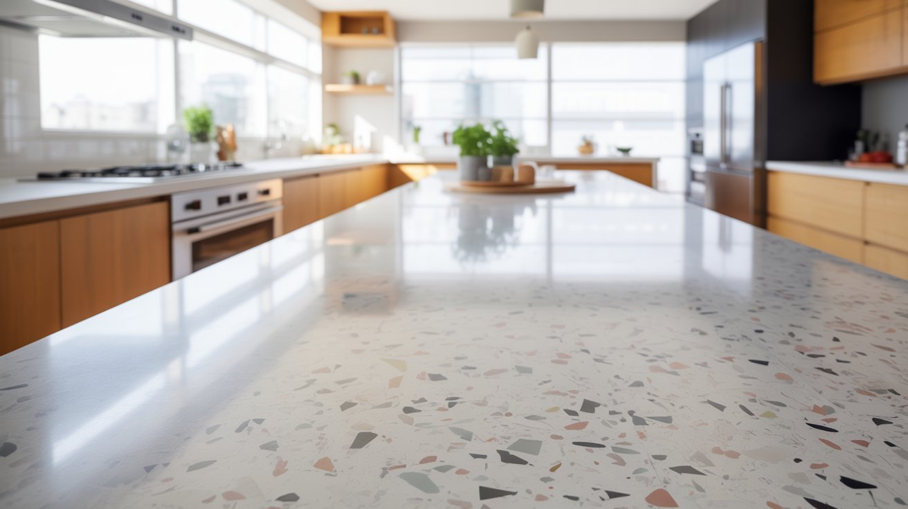 A modern kitchen featuring a sleek marble countertop and elegant wooden cabinets.