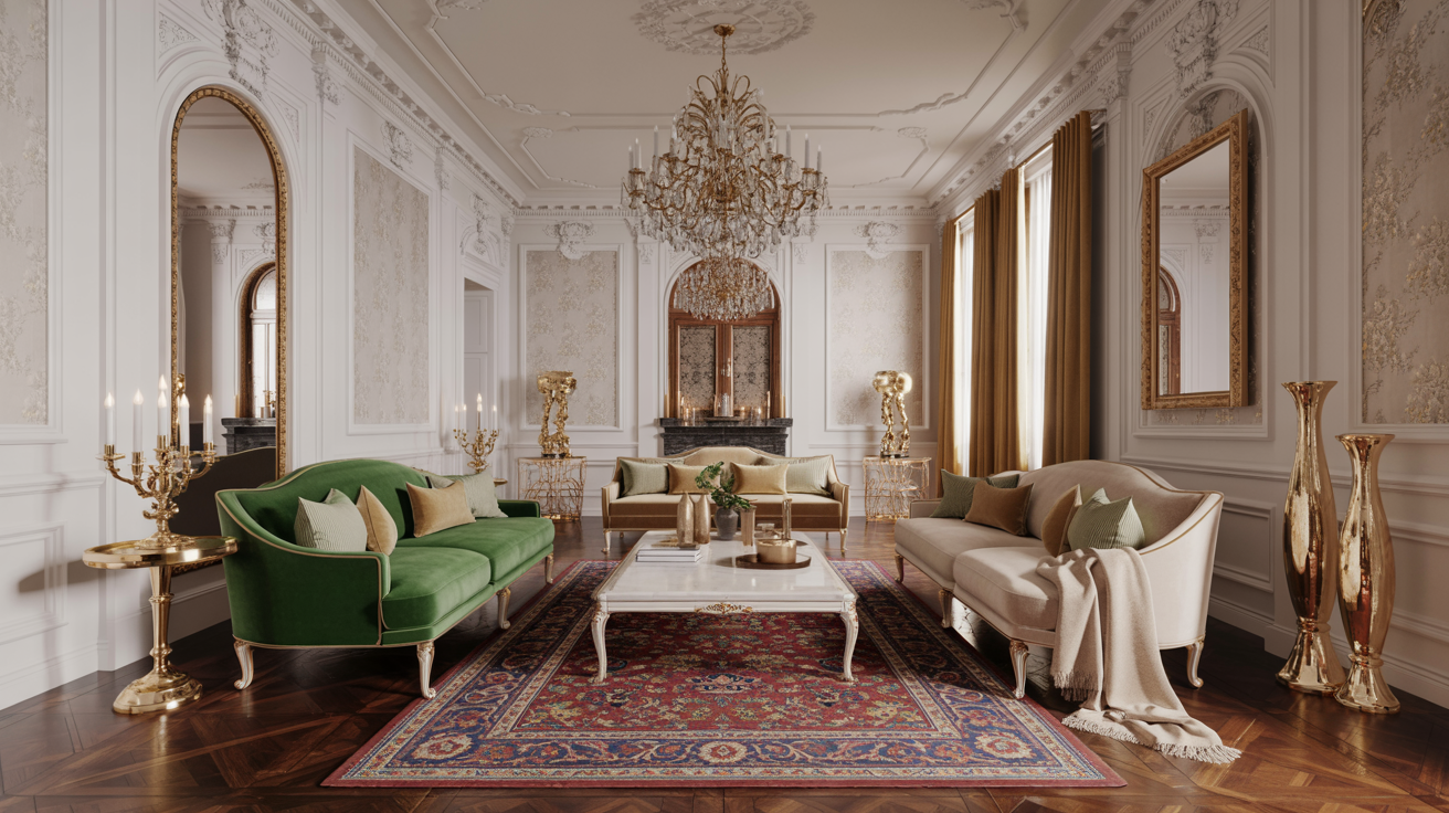  A stylish living room featuring a green couch paired with elegant gold furniture accents.