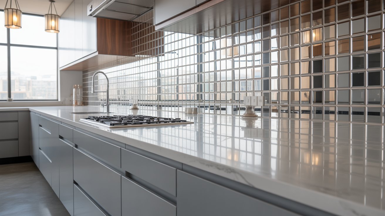 A bright kitchen featuring a large window and a sleek marble countertop, enhancing the space's elegance and natural light.

