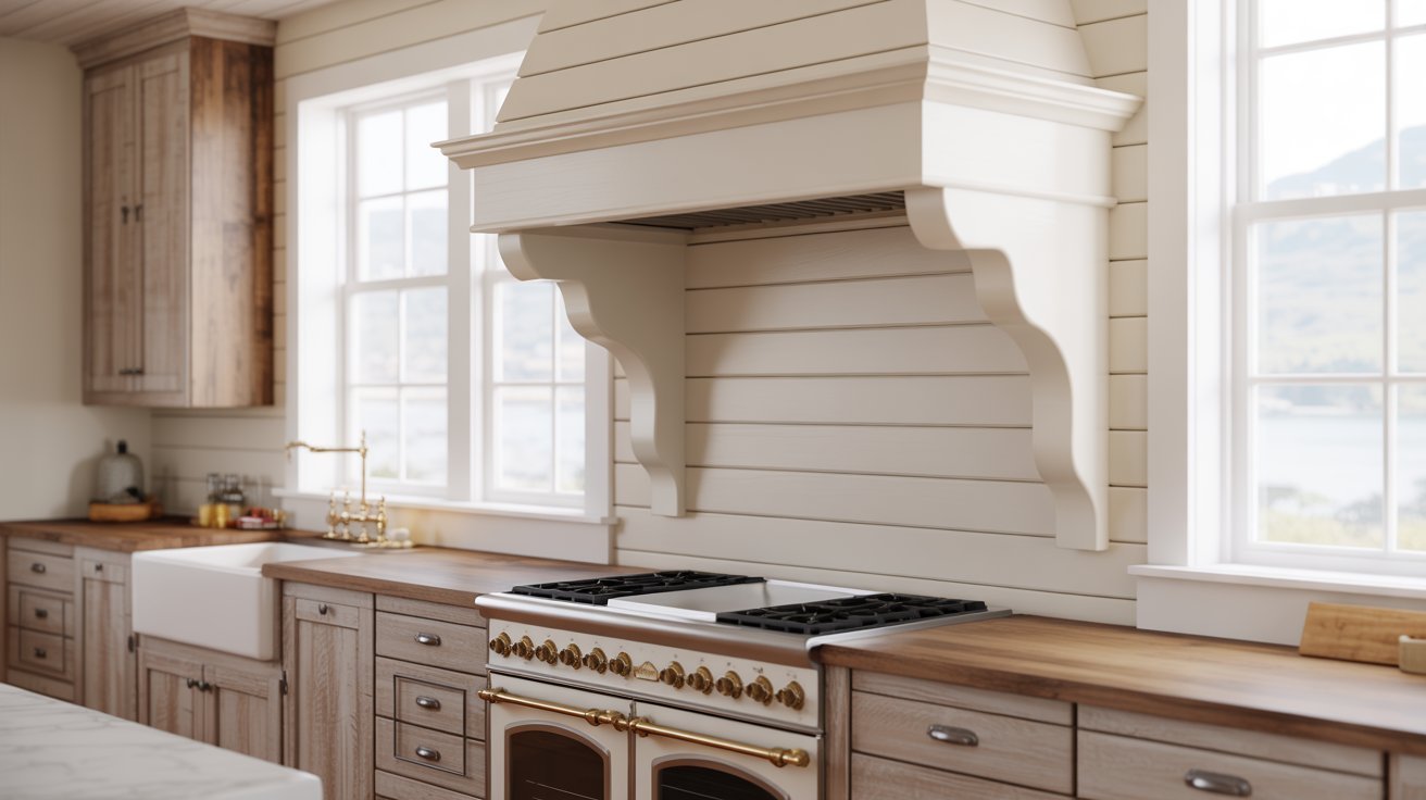A kitchen featuring wooden cabinets and a stove, showcasing a warm and inviting cooking space.
