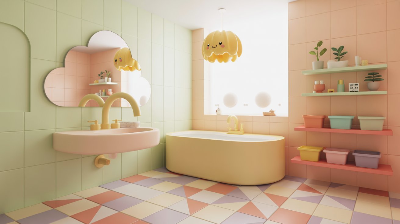  A bathroom featuring walls painted in pink, green, and yellow colors, creating a vibrant and cheerful atmosphere.