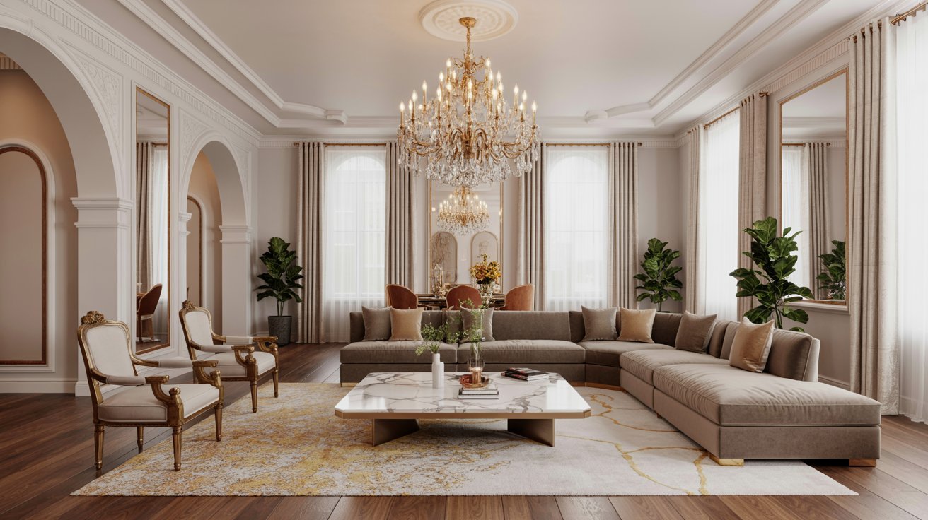 Elegant luxury living room showcasing modern furniture, rich textures, and sophisticated decor ideas for a stylish interior.