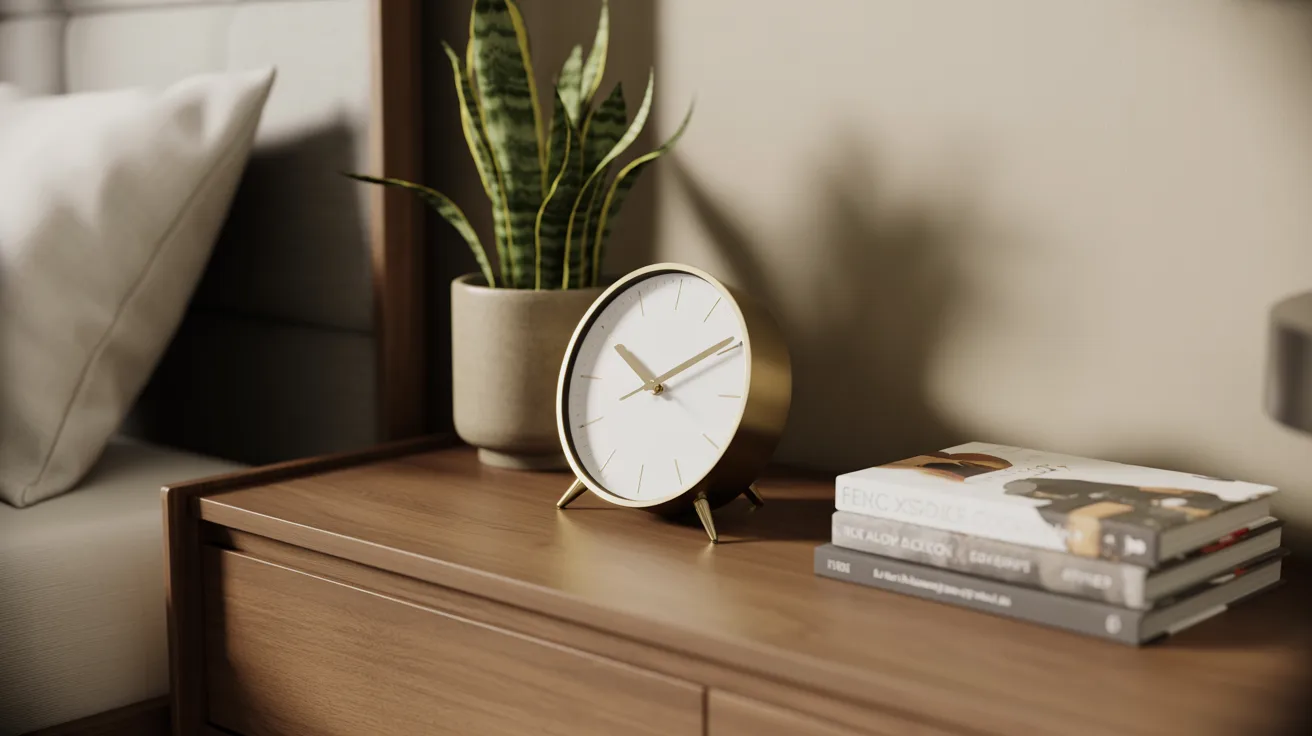 A bedside clock on a nightstand beside a neatly made bed in a softly lit room.