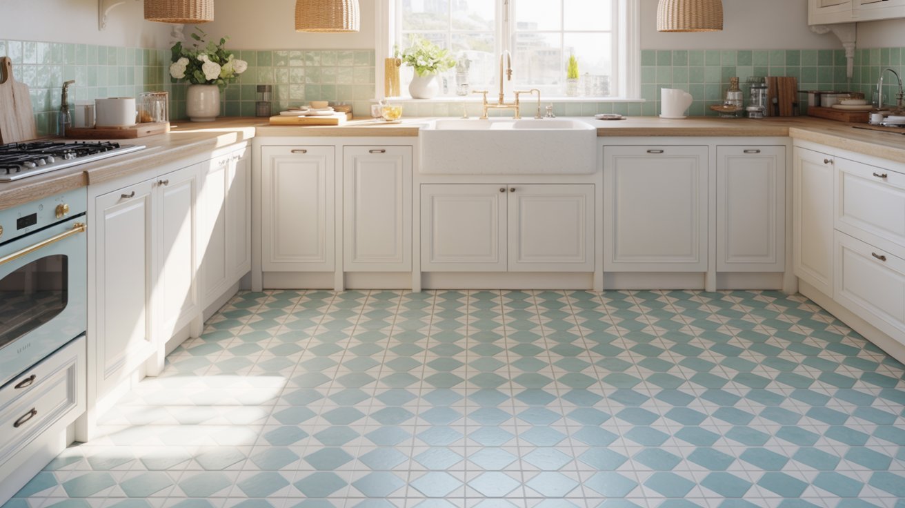 A kitchen featuring a blue and white checkered floor, creating a vibrant and inviting atmosphere.