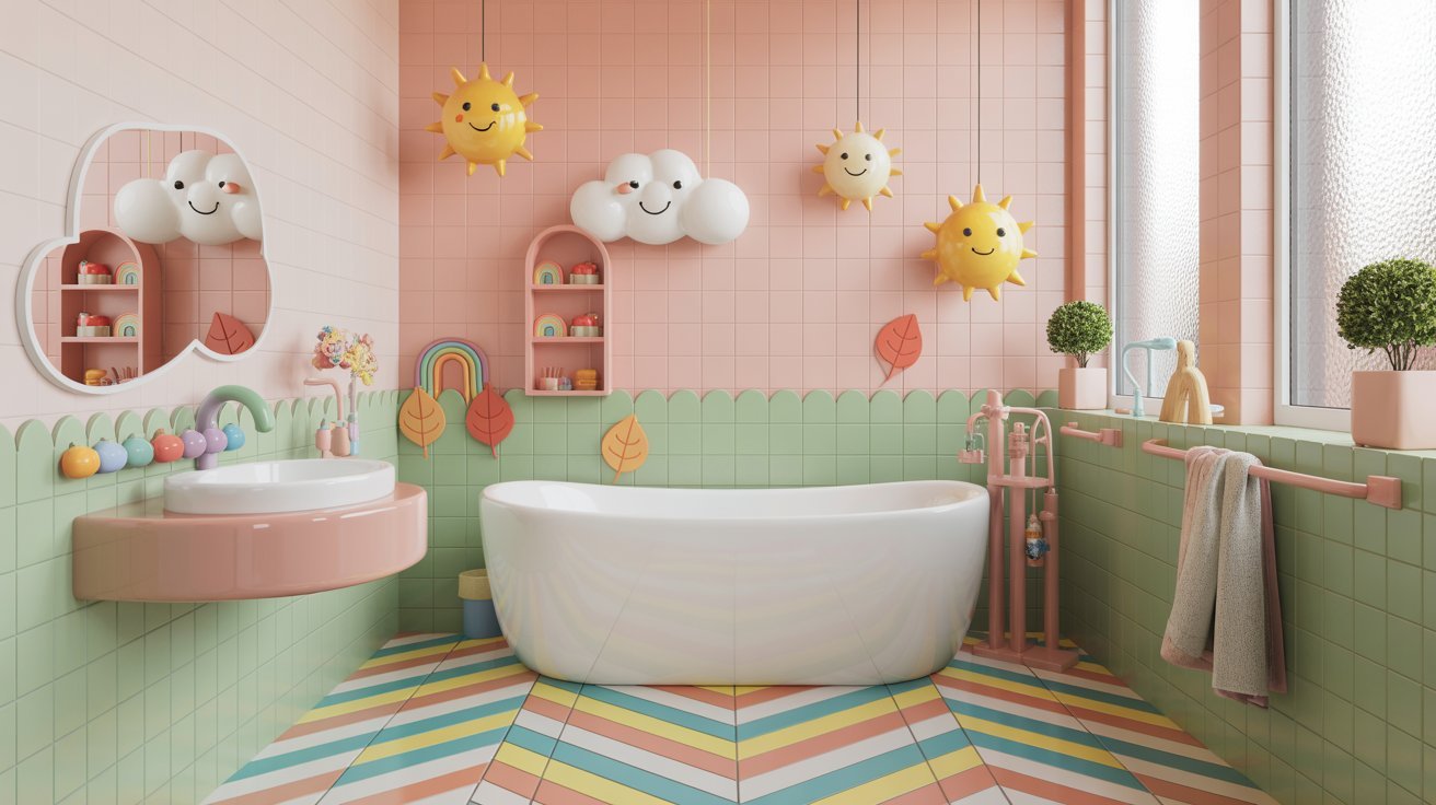 A vibrant bathroom featuring a colorful wall and a spacious bathtub, creating a cheerful and inviting atmosphere.