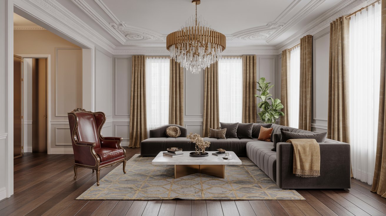  A spacious living room featuring a large chandelier above a stylish couch, creating an elegant atmosphere.