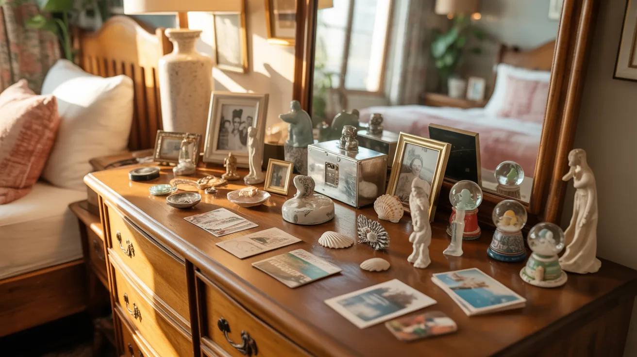 A wooden dresser adorned with framed pictures and decorative items on its surface.