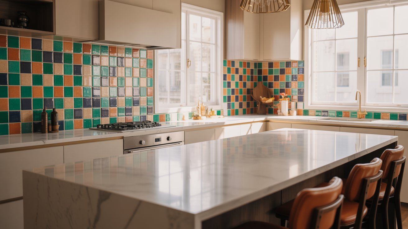 A modern kitchen featuring a sleek marble island and vibrant, colorful tiles on the walls and floor.