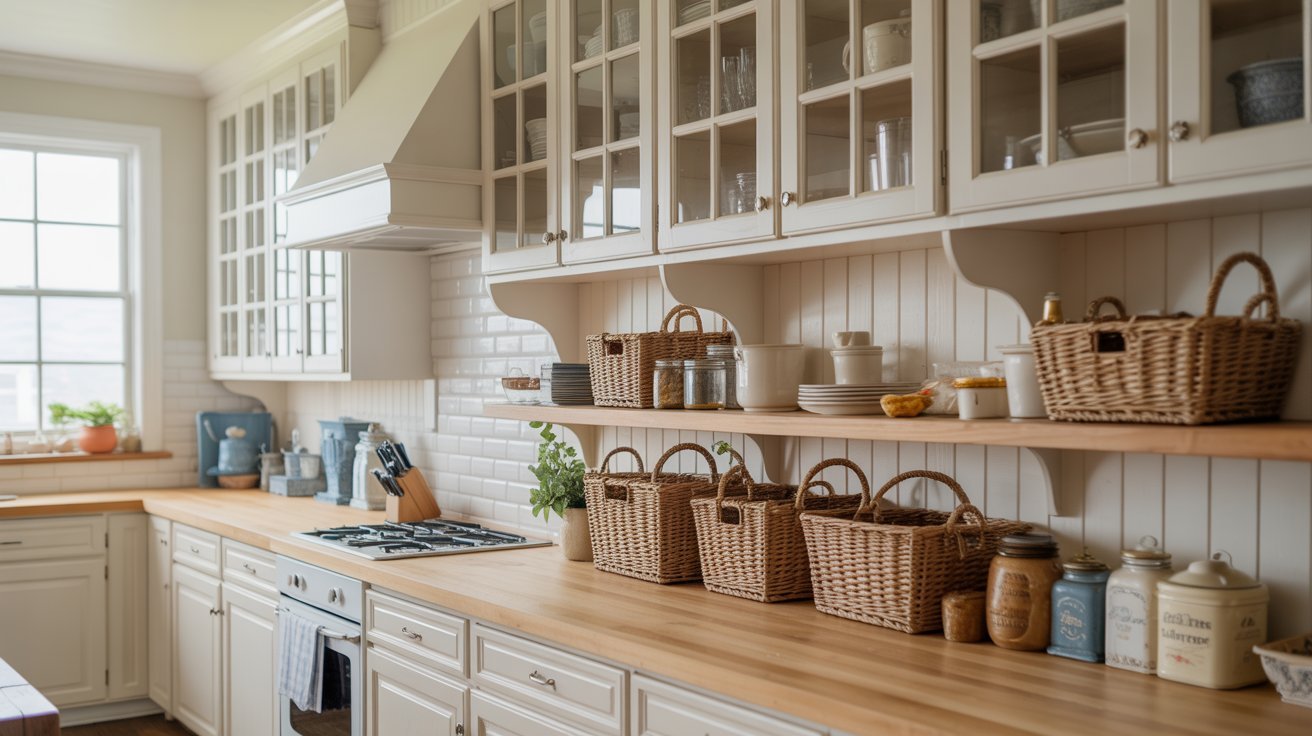 A modern kitchen featuring white cabinets and warm wooden countertops, creating a bright and inviting atmosphere.
