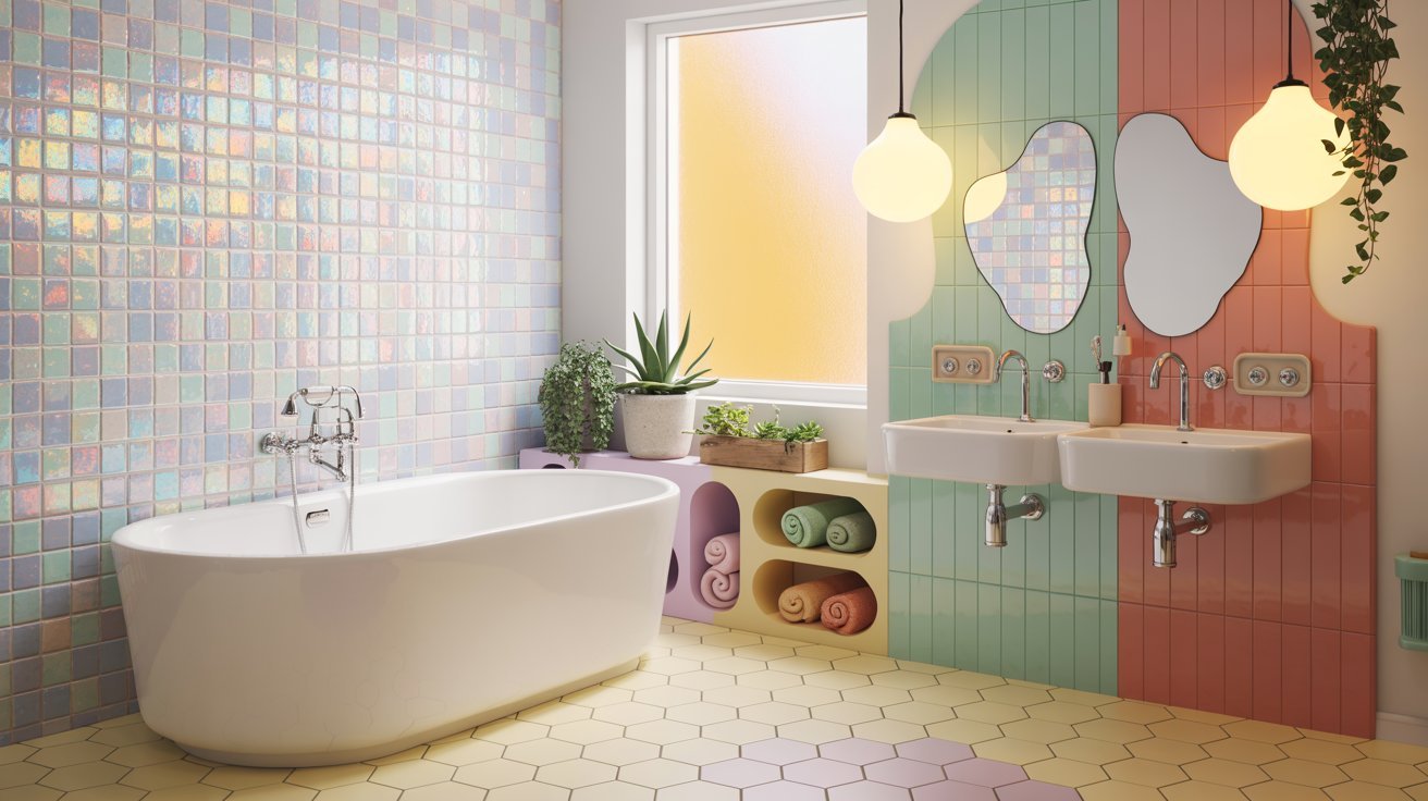 A vibrant bathroom featuring a bathtub, sink, and mirror, showcasing colorful decor and modern design elements