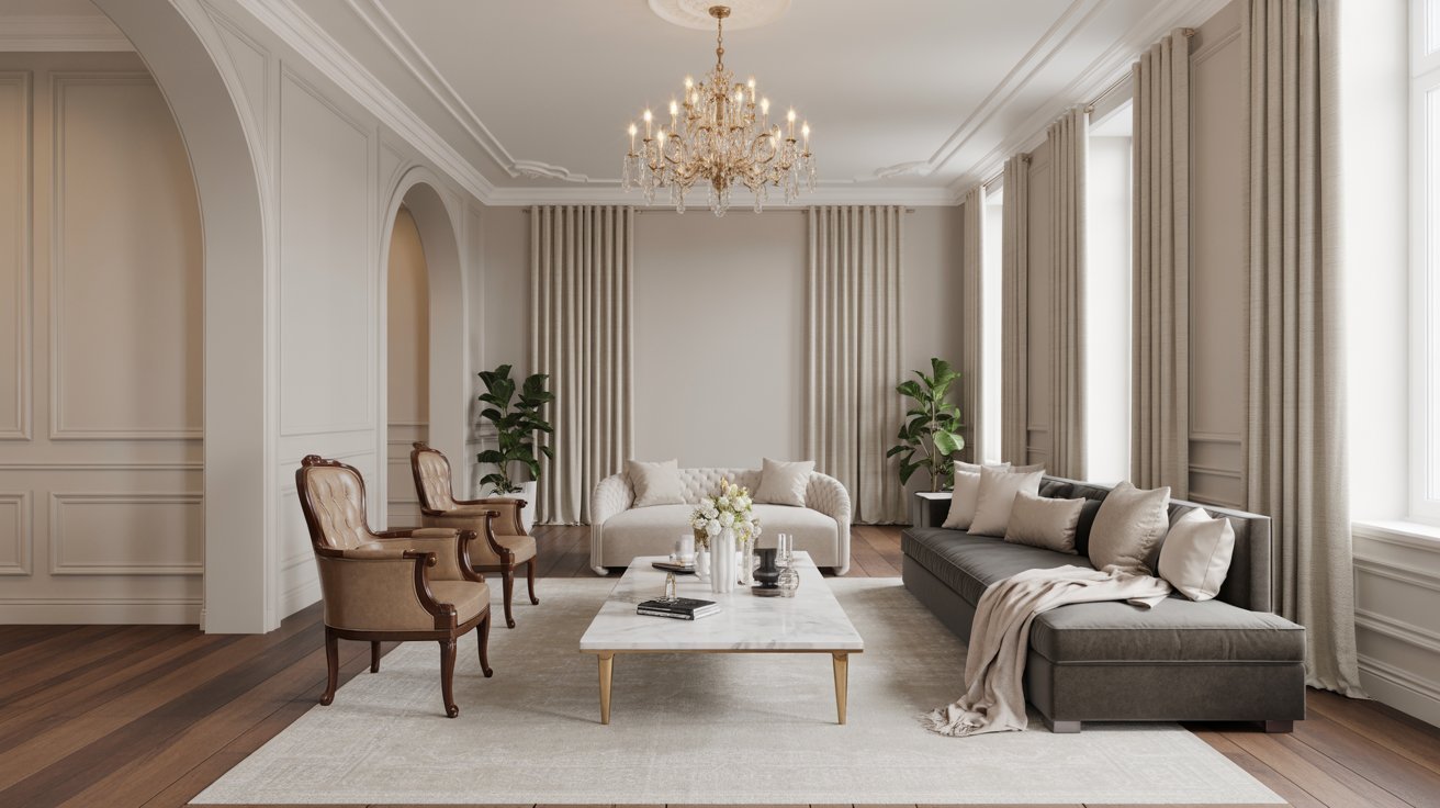 A stylish living room featuring a chandelier and comfortable couches arranged for relaxation and socializing.