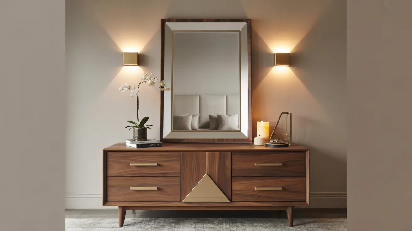 A modern dresser featuring a mirror and two stylish lamps on either side, enhancing the room's decor.