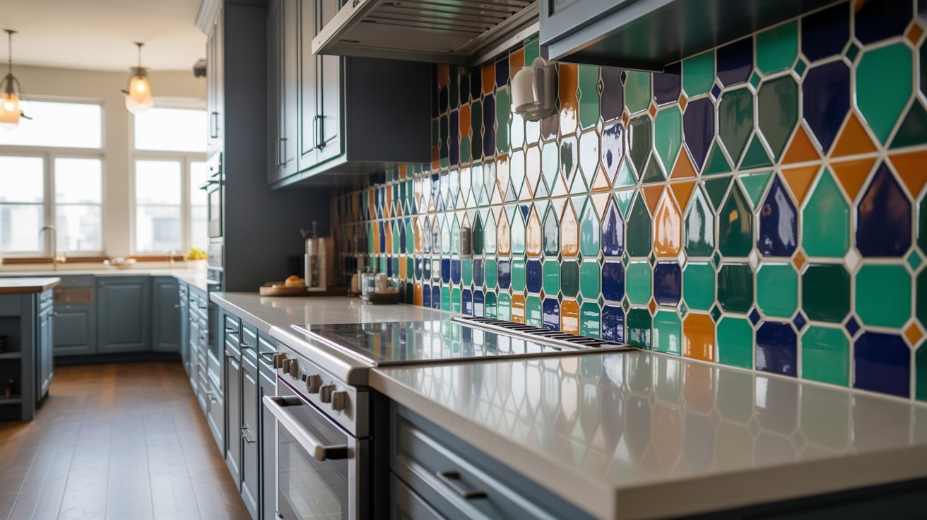  A vibrant kitchen featuring a colorful tile backsplash that adds a lively touch to the overall design.