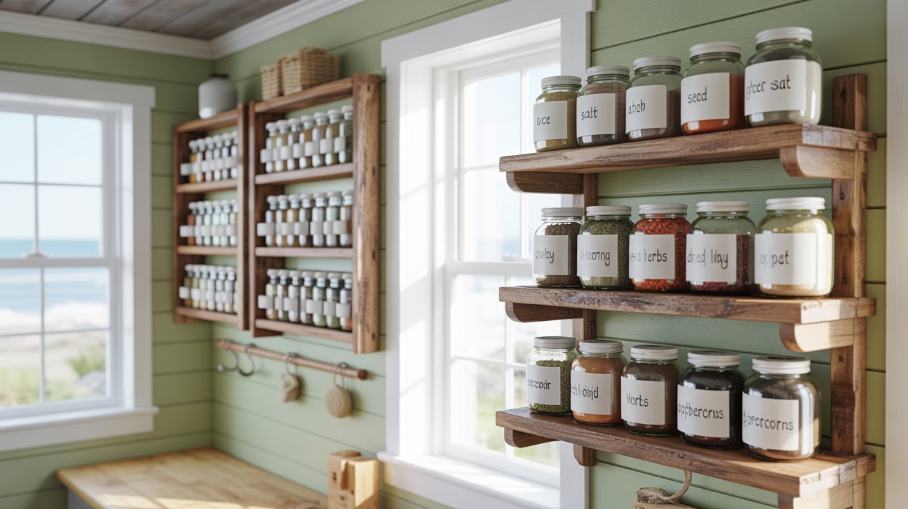 A kitchen featuring shelves stocked with various jars of spices, showcasing a colorful and organized spice collection.