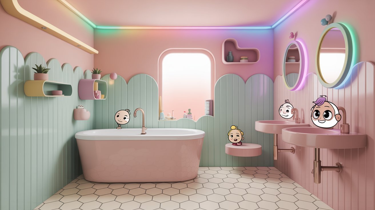 A bathroom featuring pink walls and a matching pink bathtub, creating a cohesive and vibrant aesthetic.