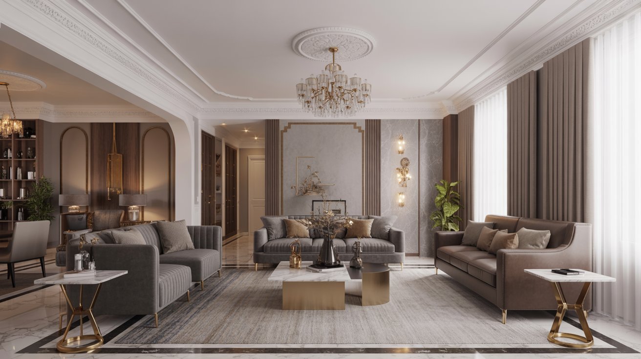 Elegant luxury living room featuring plush furniture, rich textures, and sophisticated decor elements.