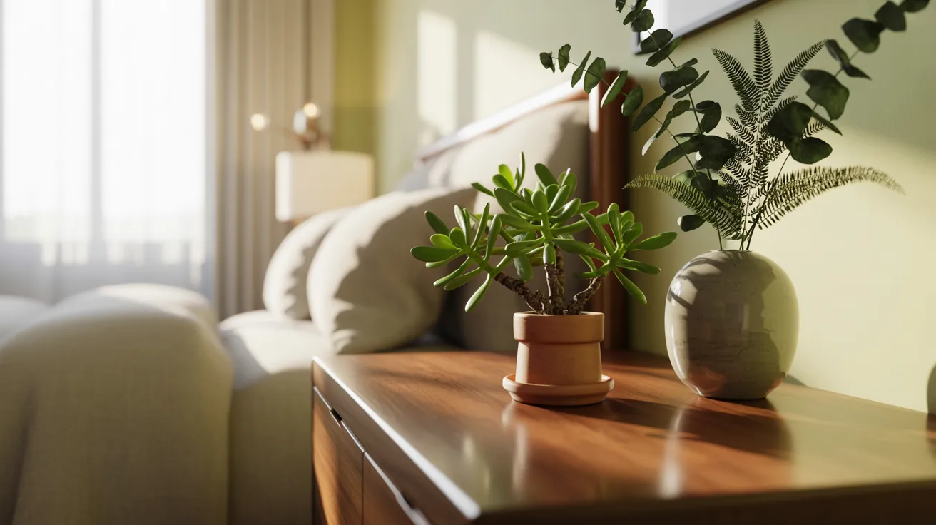 A neatly made bed featuring a potted plant and a stylish lamp on the bedside table.