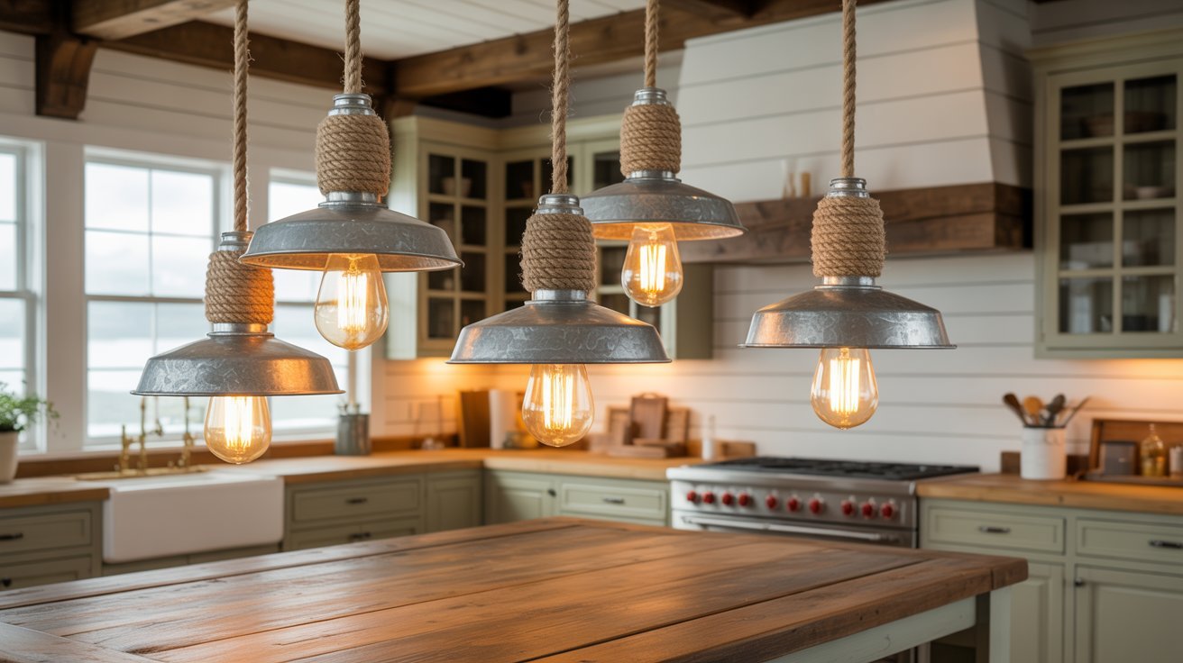 A rustic kitchen featuring four hanging light fixtures from the ceiling, enhancing the warm, inviting atmosphere.