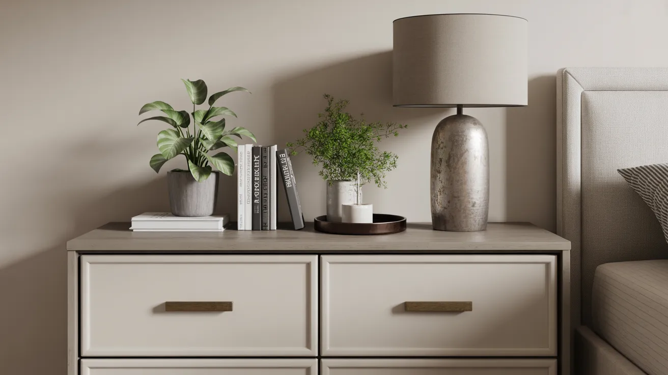 A nightstand featuring two drawers and a lamp, positioned beside a bed in a cozy bedroom setting.