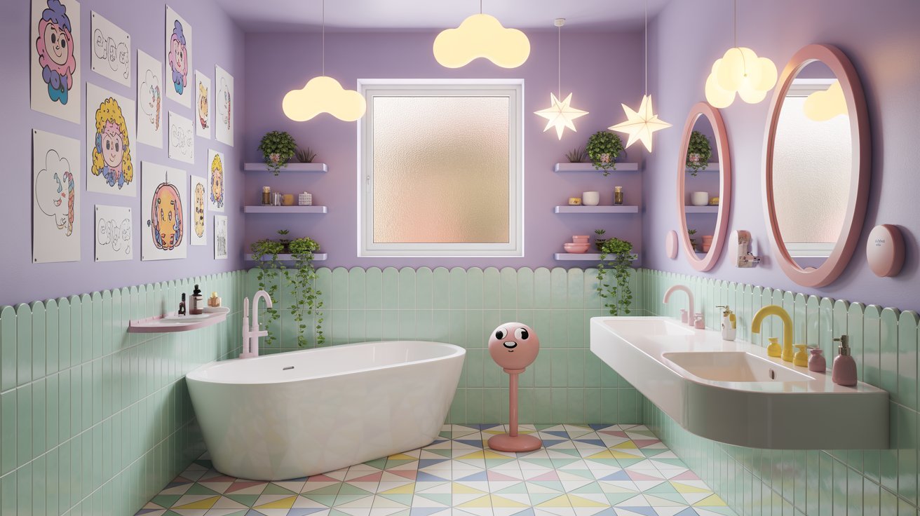 A bathroom featuring purple walls and green tiles, creating a vibrant and modern aesthetic.
