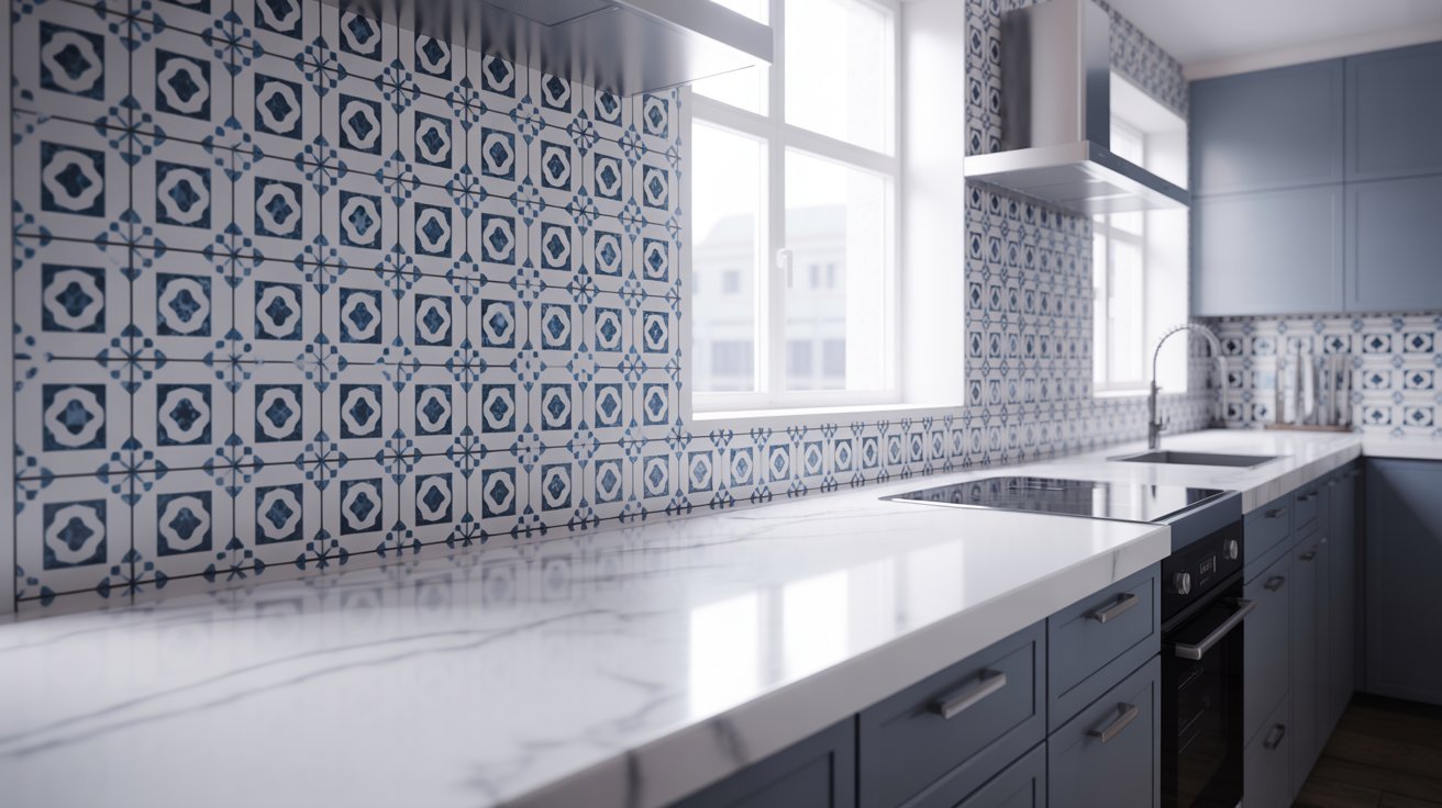 A kitchen featuring blue and white tiled walls and flooring, creating a bright and inviting atmosphere.
