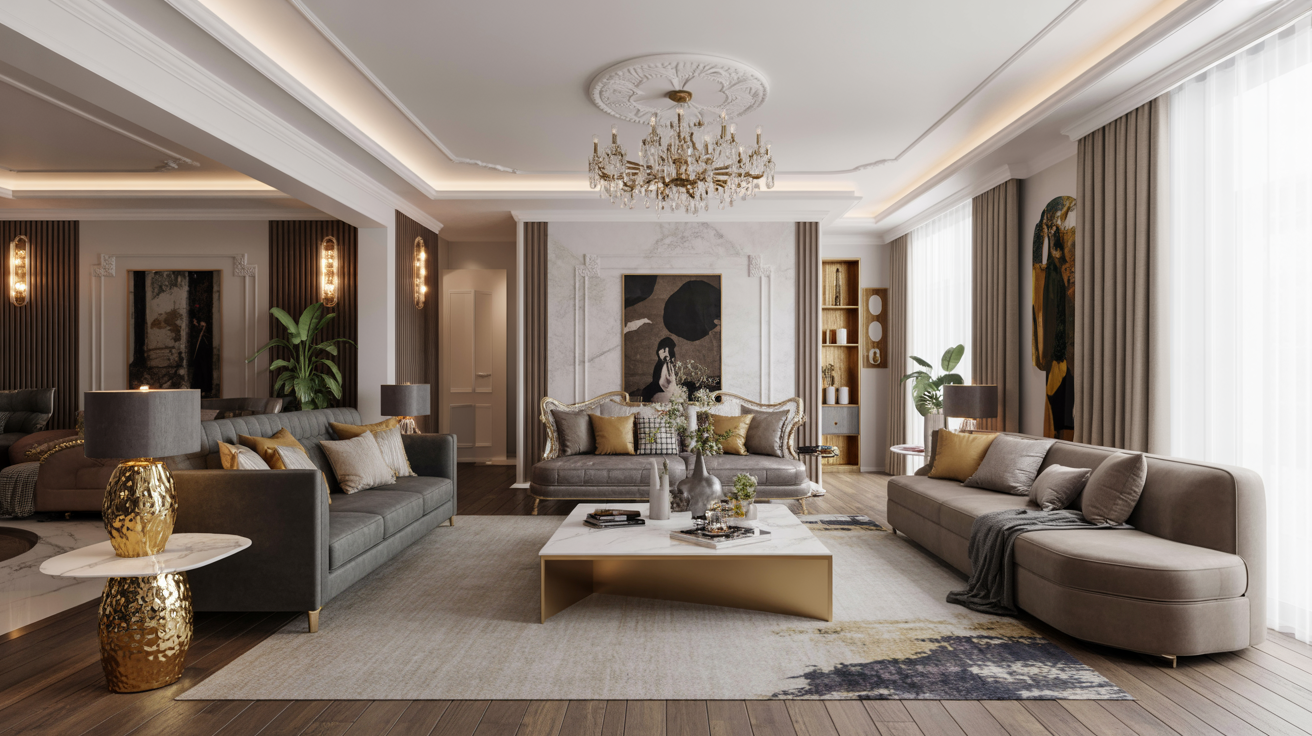 Elegant luxury living room showcasing modern furniture, rich textures, and sophisticated decor ideas for upscale interiors.