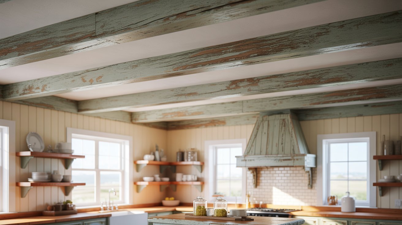  A cozy kitchen featuring wooden beams and a traditional stove, creating a warm and inviting atmosphere.