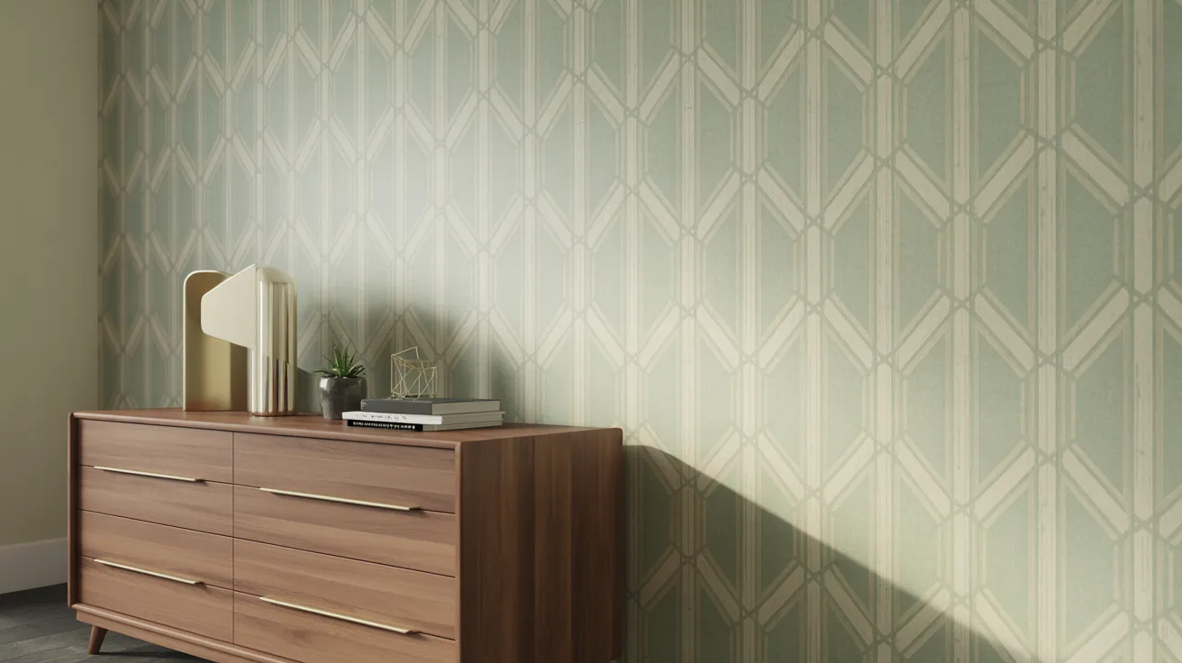 A modern bedroom featuring green wallpaper and a wooden dresser, creating a stylish and inviting atmosphere.