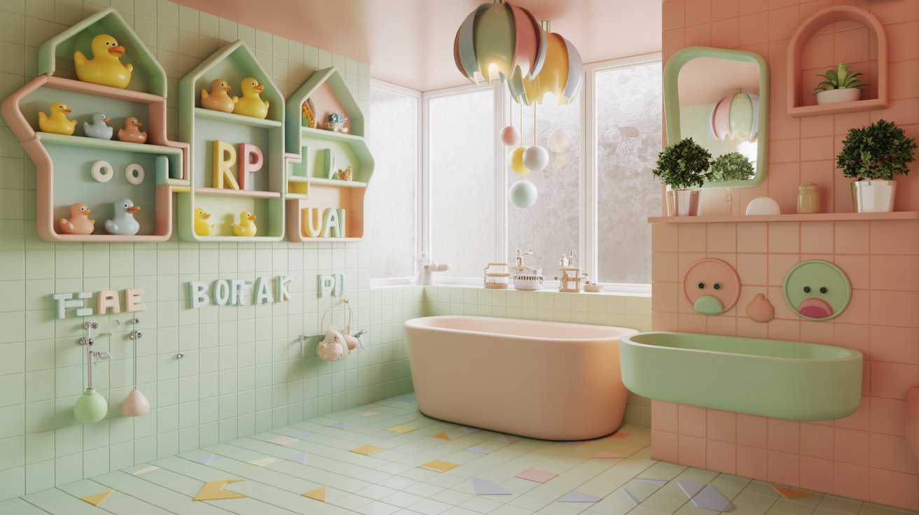 A bathroom featuring pink and green tiles, with a classic bathtub as the focal point of the design.