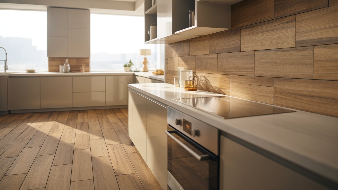 A cozy kitchen featuring warm wood paneling and a classic stove, creating an inviting cooking space.