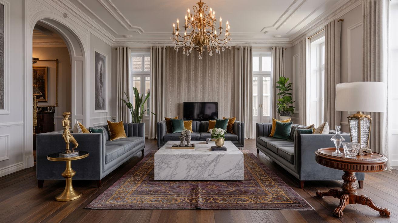 Elegant luxury living room showcasing modern design elements, plush furnishings, and sophisticated decor ideas.