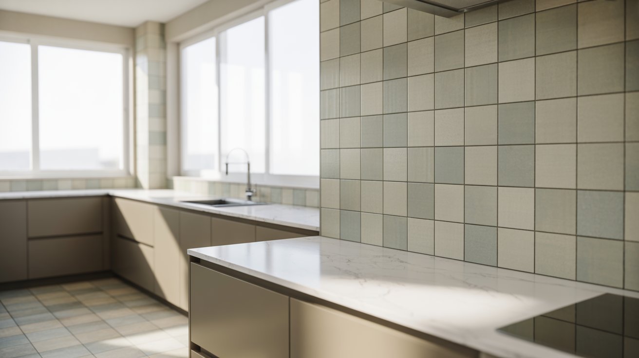  A kitchen featuring a sink and countertop, showcasing a clean and organized cooking space.