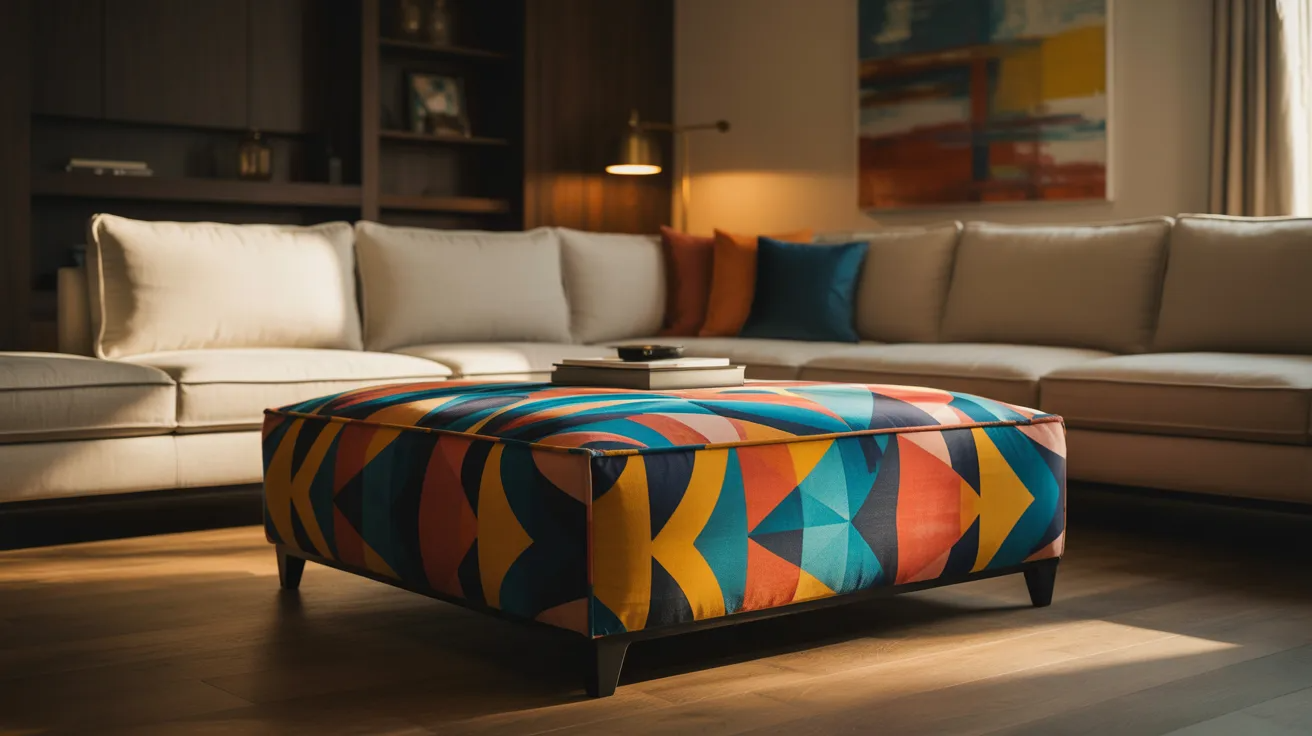 A colorful, geometric-patterned ottoman in a modern living room with a beige sectional couch. Warm lighting and abstract art create a cozy atmosphere.