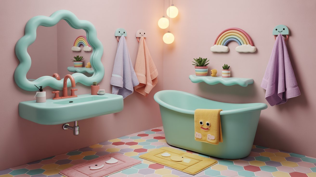  A vibrant bathroom featuring a colorful bathtub and a bright rainbow overhead.
