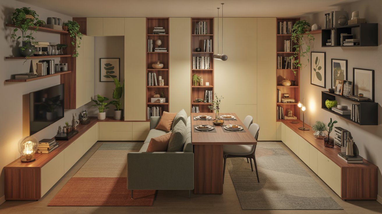 A modern living room featuring a couch, a table, and bookshelves filled with books.